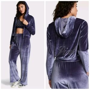 VS PINK Velour Shine 2 Piece Logo Track Suit Midnight Navy Blue Like New